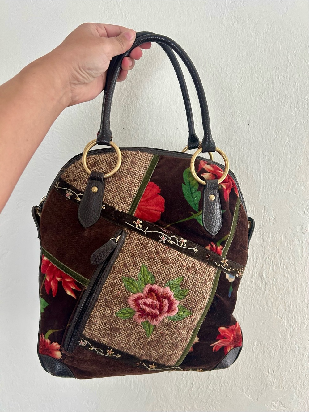 Vintage Oilily Patchwork Handbag with Mixed Floral Velvet and Tweed Materials